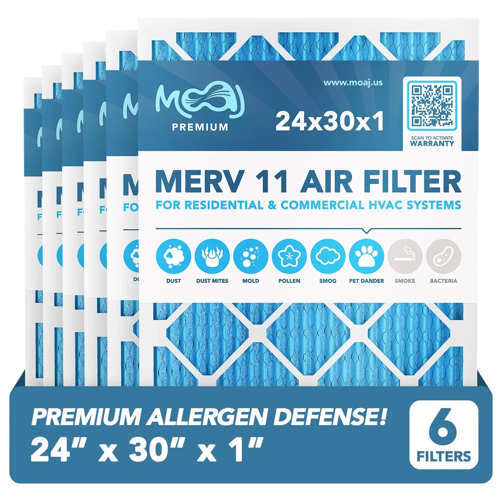 24x30x1 Air Filter (6-PACK) | MERV 11 | MOAJ Premium Allergen Defense | BASED IN USA | Pleated Replacement Air Filters for AC & Furnace Applications | Actual Dimensions: 23.70" x 29.70" x 0.75" (in.)