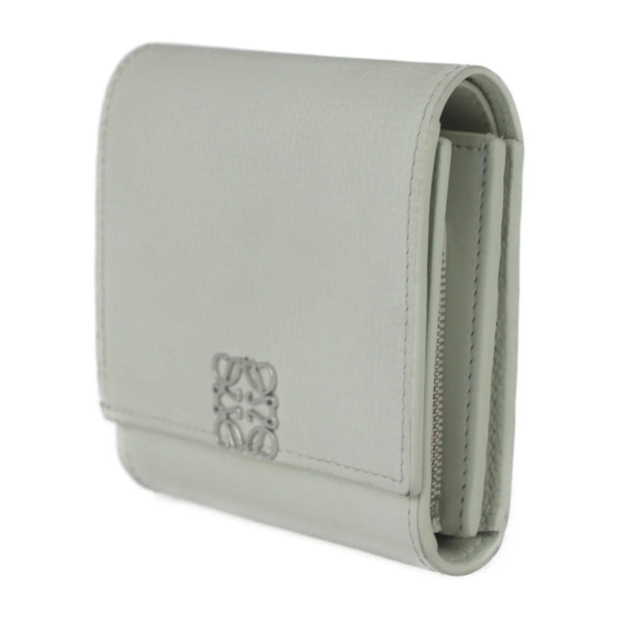 Pre-Owned LOEWE Loewe ANAGRAM COMPACT FLAP WALLET Anagram compact flap wallet folio C821L57X01 leather light green series silver metal fittings L-shaped fastener (Good)