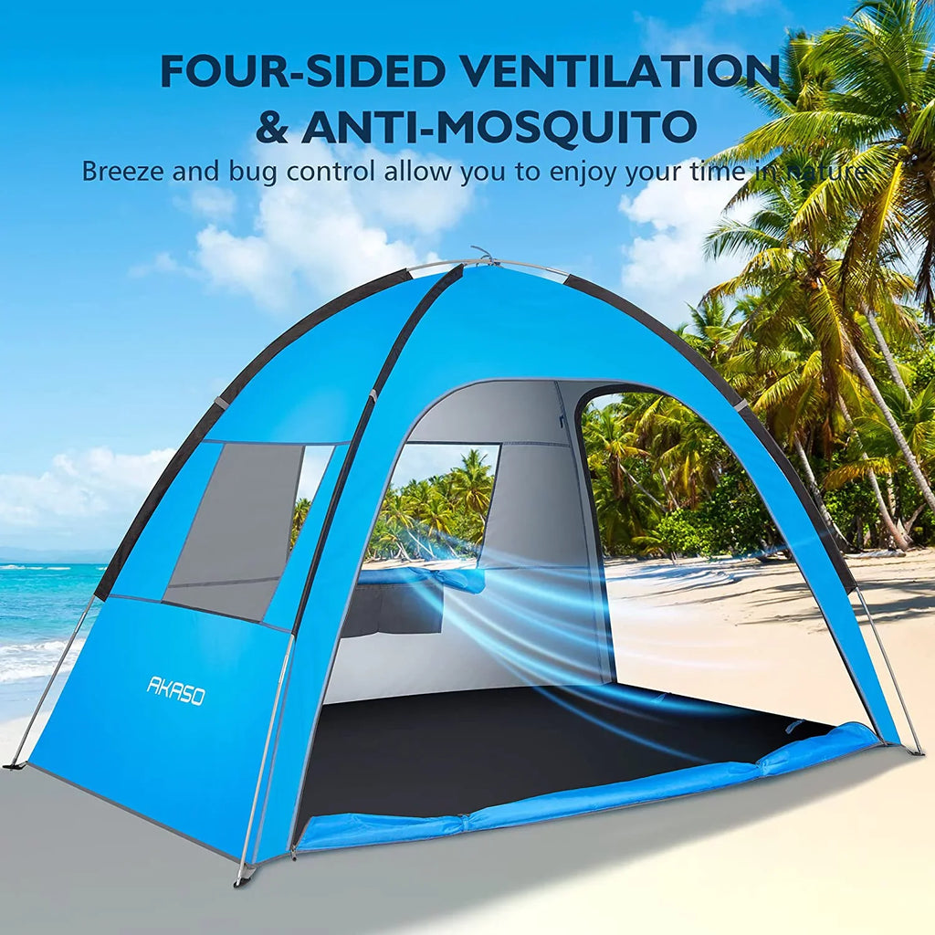AKASO Beach Tent for 3-4 Person, UPF 50+ Assemble 7.4' x 4.7' Beach Tent, Blue