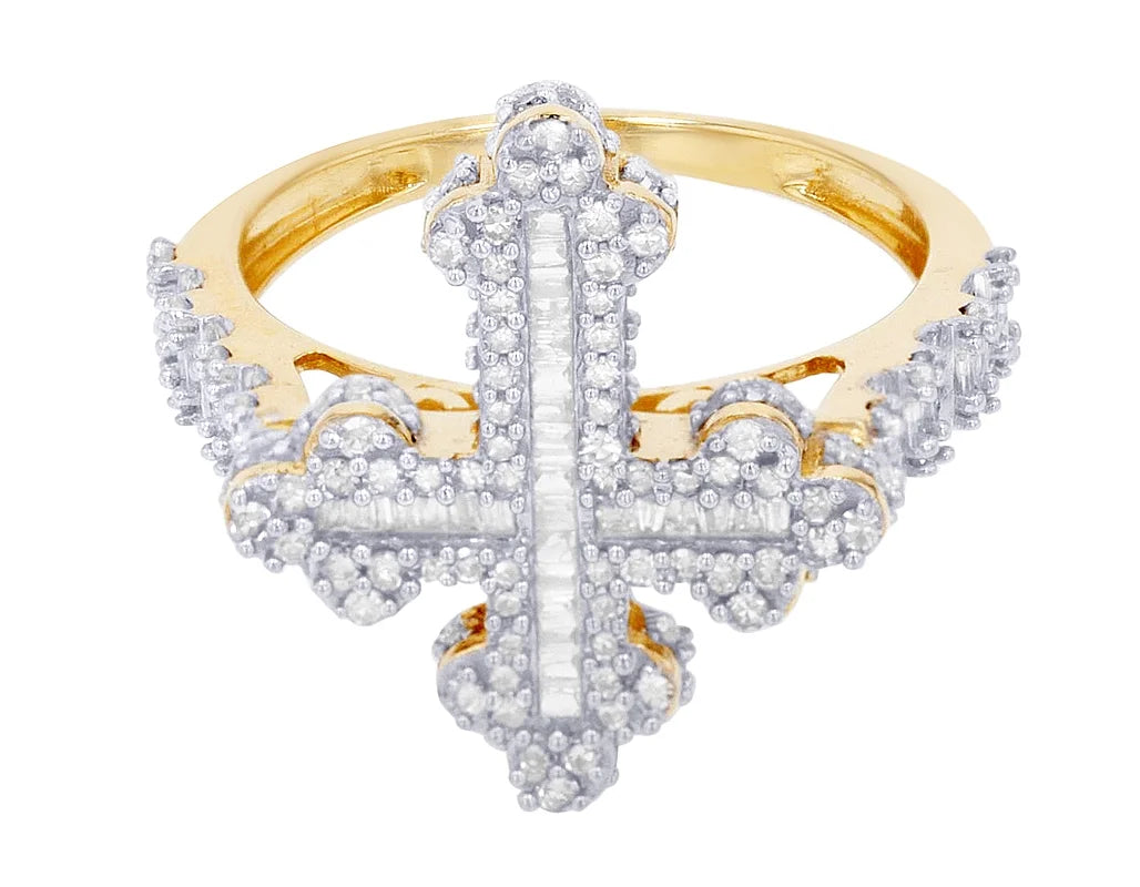 Baguette Cross  0.875 CT Diamond Ring 10K Yellow-White Gold