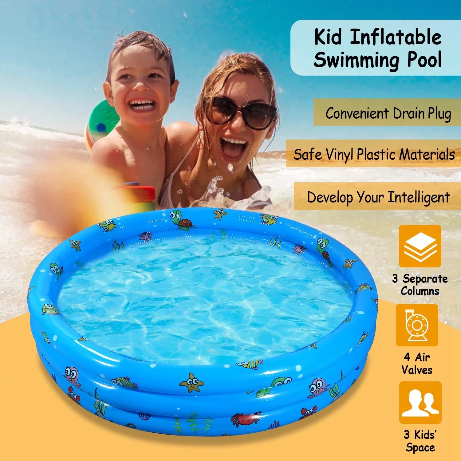 iMounTEK Kid Family Pool, 51x13” Inflatable Swimming Pool for 3 Kids with 4 Bottom Water Drain Plug