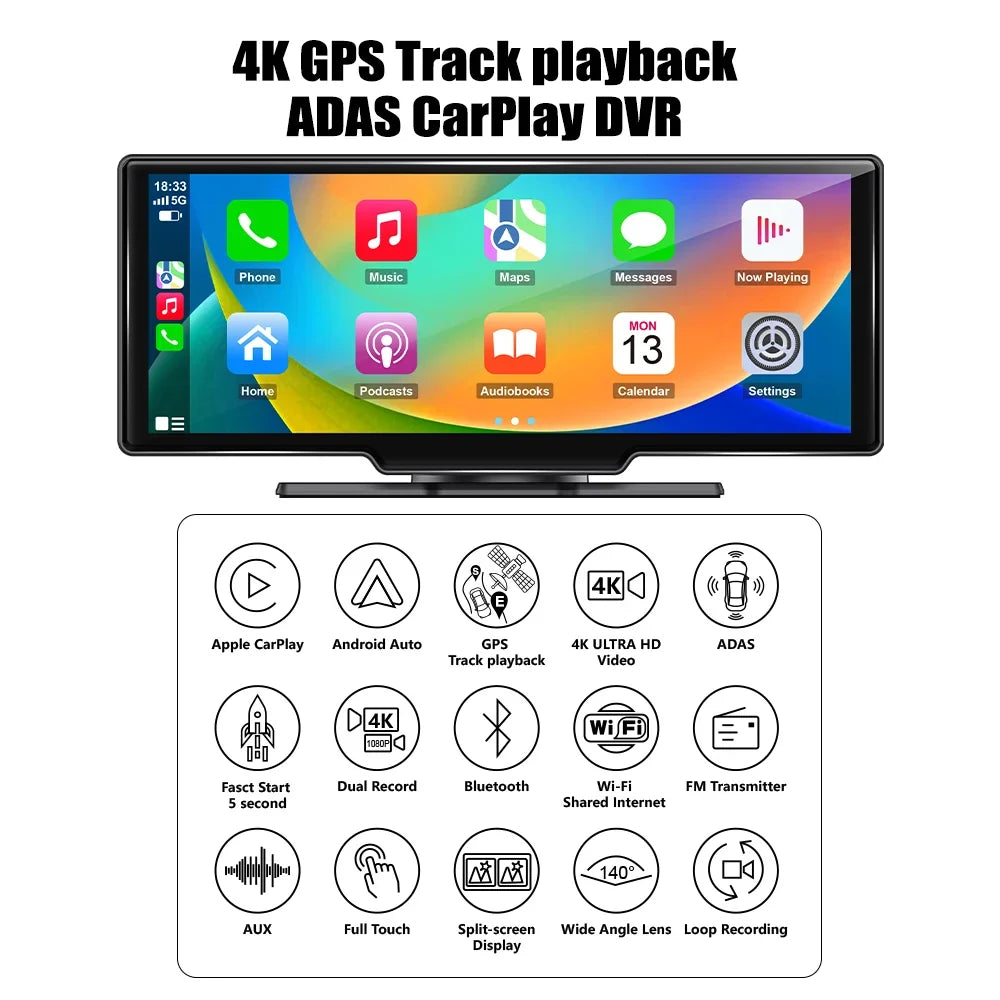Adas Dash Cam  4K  DVR 10.26"  IPS with touch Screen 2 cameras for Front and Back recording Apple CarPlay , Android Auto Portable Navigation