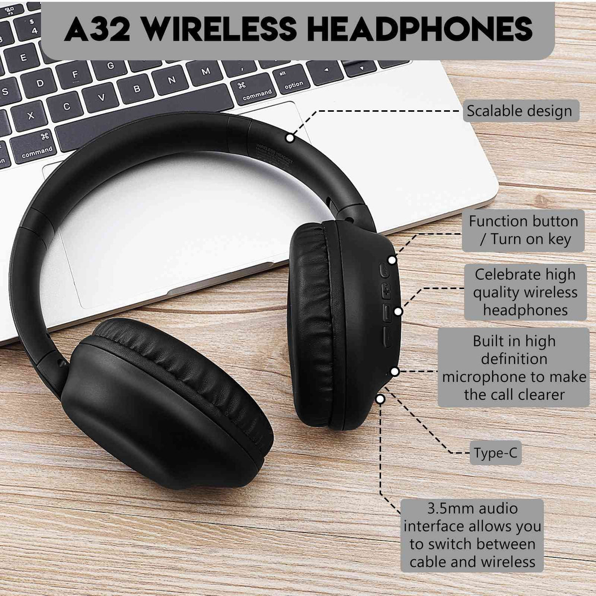 UrbanX Perfect Comfort 955 II Overhead Wireless Bluetooth Headphones For Samsung Gear S3 classic LTE Noise-Cancelling, with – Black