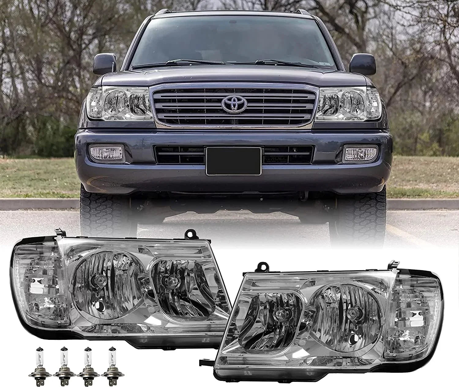USR DEPO FJ100 Headlights - Headlamps Set (Left + Right) Compatible with 1998-2005 Toyota Land Cruiser FJ 100 (Euro Style with Clear Corner ONE Piece Design)