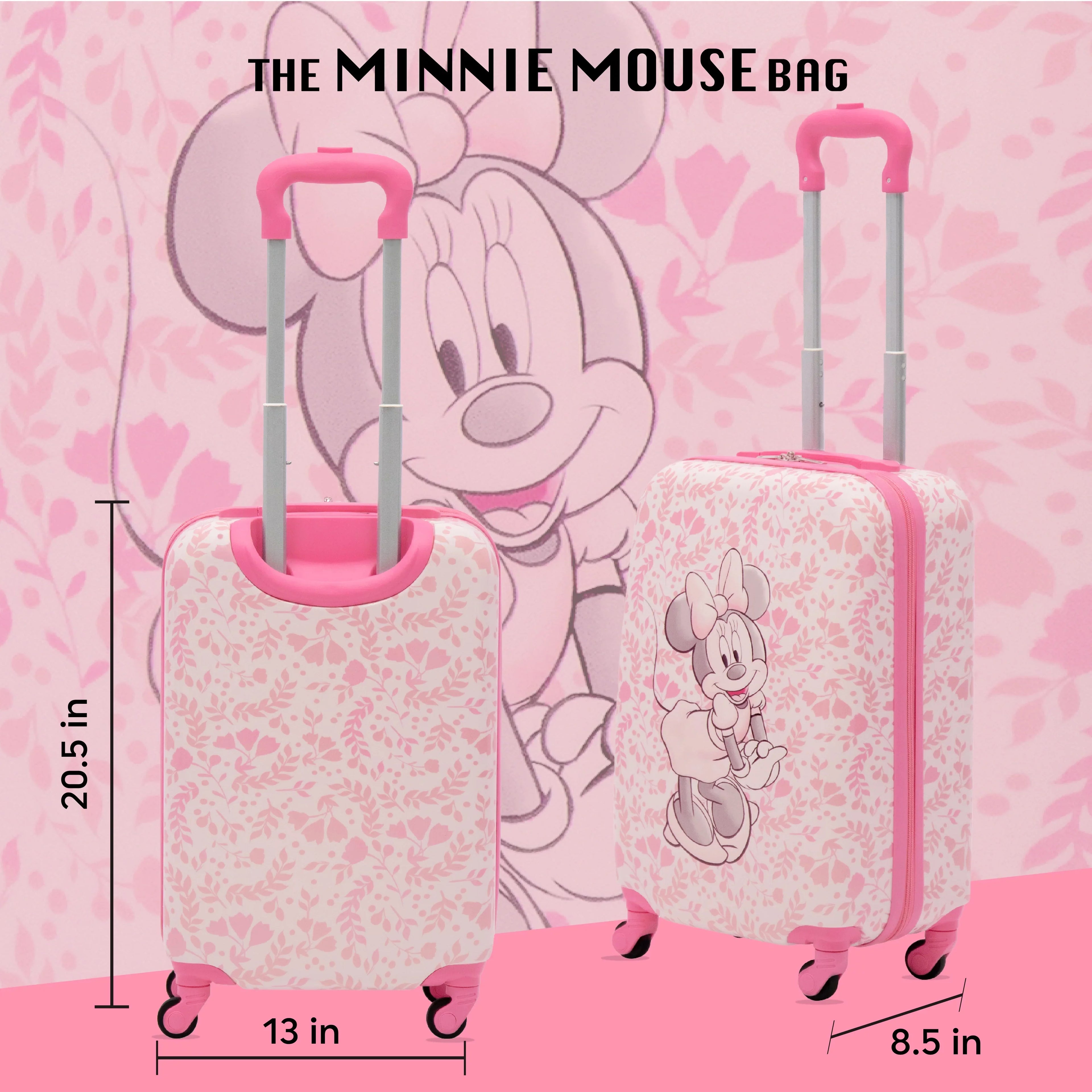 Disney Minnie Mouse 21 Inch Kids Rolling Luggage, Hardshell Carry On Suitcase with Wheels, Pink - Floral