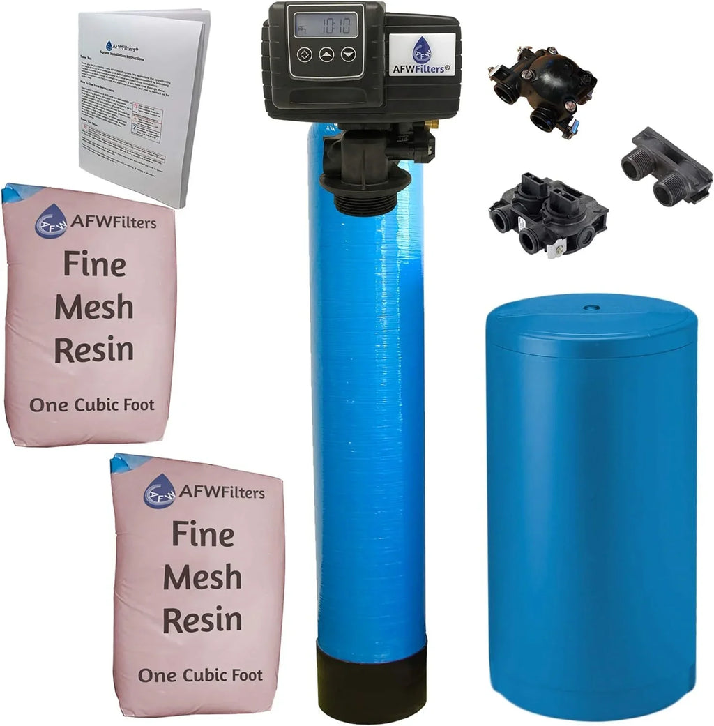 AFWFilters 2 cubic Foot 64k Whole Home Iron Pro Water Softener with Fine Mesh Resin, 1" Plastic MNPT Connection, and Blue Tanks