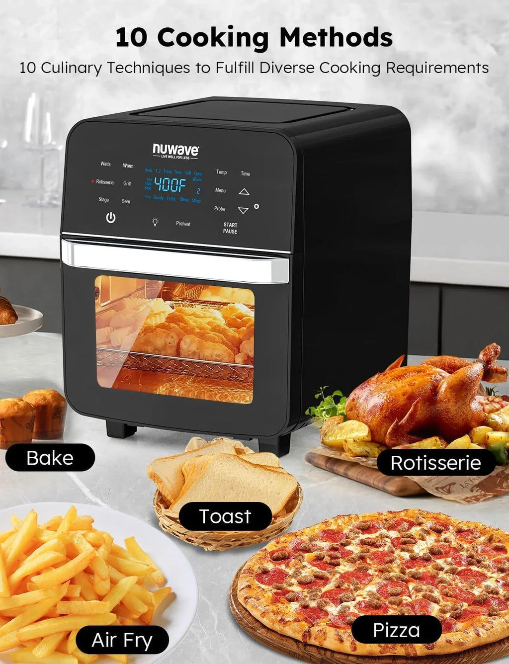 HOZO Brio Air Fryer Oven, 15.5Qt X-Large Family Size, SS Rotisserie Basket &-Skewer Kit, Powerful 1800W, 50F-425F Temp Controls, Integrated Smart Thermometer