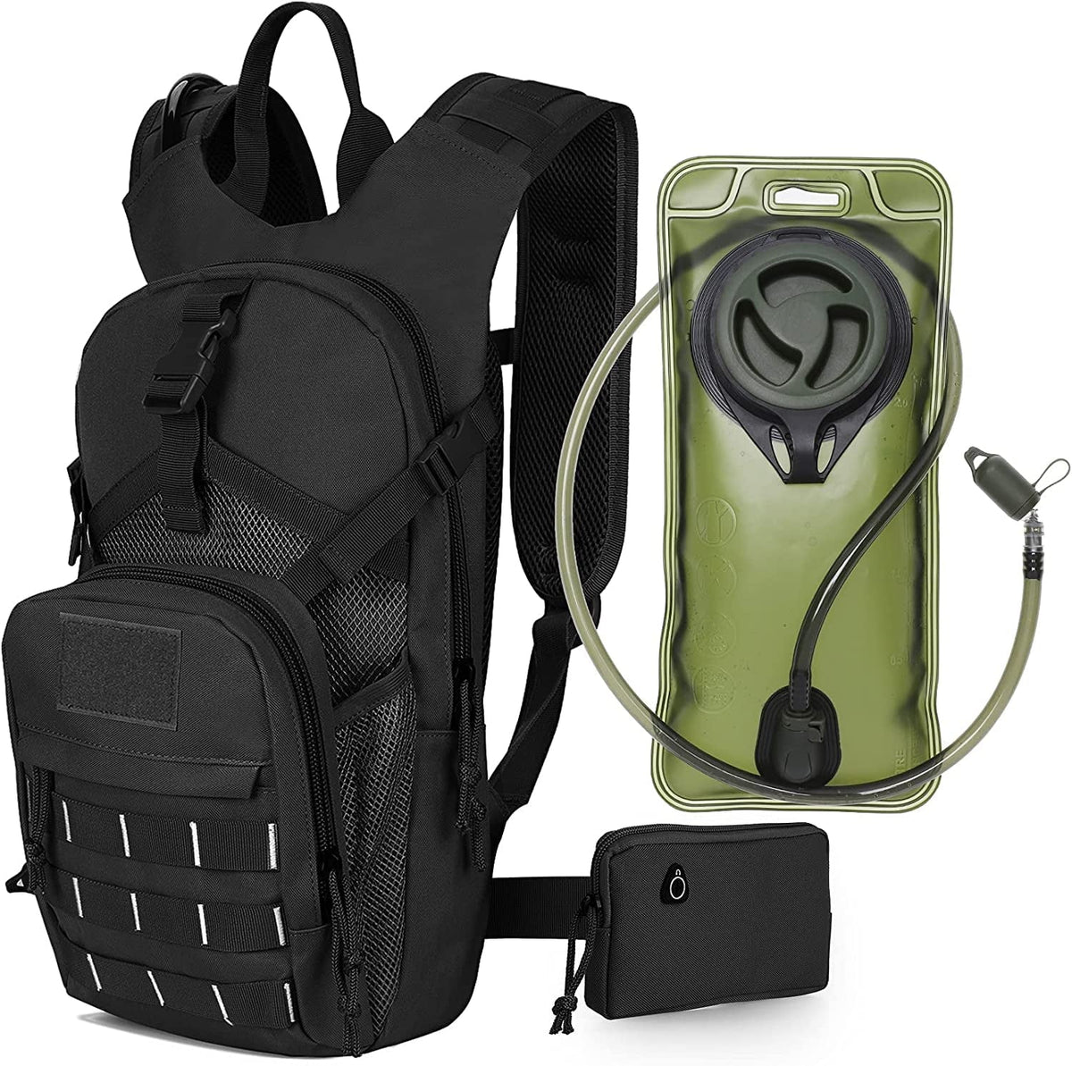 SKL Hydration Pack Tactical Water Backpack with 2L BPA Free Water Bladder, Military Water Bag Thermal Insulation, Adjustable Waist Pocket Daypack Fits Women Men for Running Hiking Cycling Biking