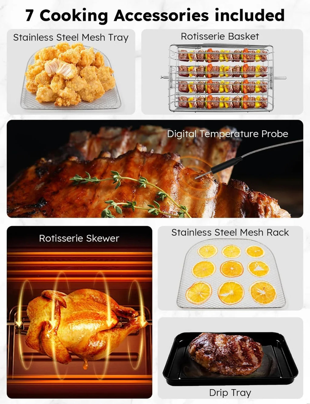 HOZO Brio Air Fryer Oven, 15.5Qt X-Large Family Size, SS Rotisserie Basket &-Skewer Kit, Powerful 1800W, 50F-425F Temp Controls, Integrated Smart Thermometer