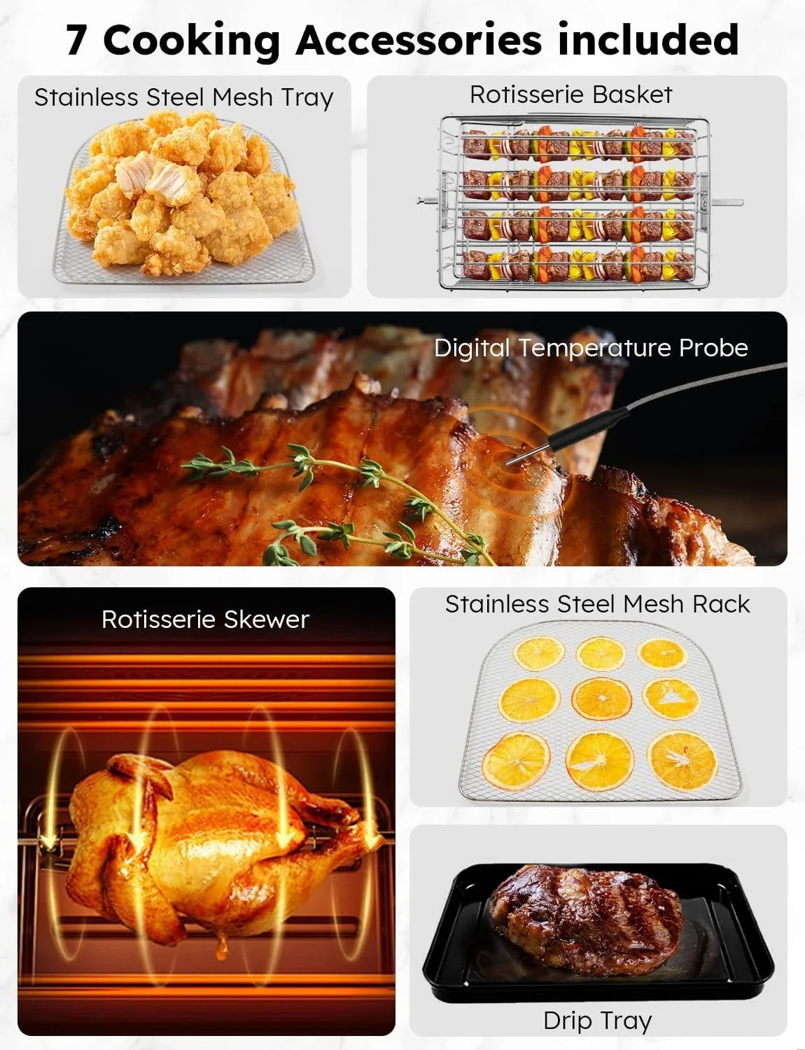 HOZO Brio Air Fryer Oven, 15.5Qt X-Large Family Size, SS Rotisserie Basket &-Skewer Kit, Powerful 1800W, 50F-425F Temp Controls, Integrated Smart Thermometer