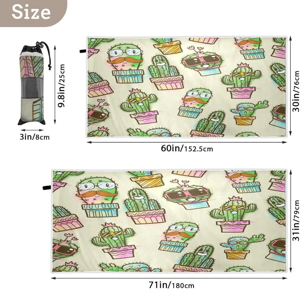 Bestwell Potted Cactus Beach Towel - Lightweight Compact Oversized Travel Towels - Super Absorbent Quick Dry Towel for Swimming Camping Holiday（132）
