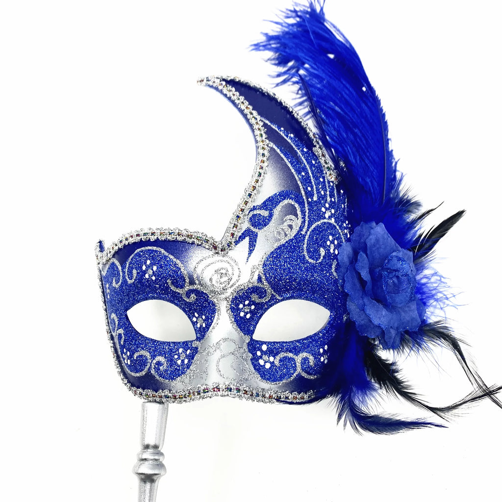 Women Lady Girls Costume Holding Stick Venetian Feather mask Masquerade Mask Halloween Mardi Gras Cosplay Wedding Party