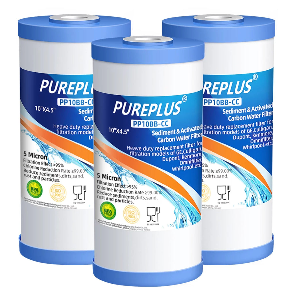 PUREPLUS 5 Micron 10 x 4.5 Whole House Sediment and Carbon Water Filter Cartridge Compatible with GE FXHTC GXWH40L GXWH35F GNWH38S Culligan RFC-BBSA WRC25HD PP10BB-CC Pentek RFC-BB 3Pack