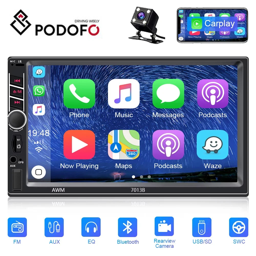 Podofo 2 Din Car Stereo with Apple D-play 7 inch Touch Screen Car MP5 Player Car Radio Bluetooth USB with 4 LED Rear View Camera