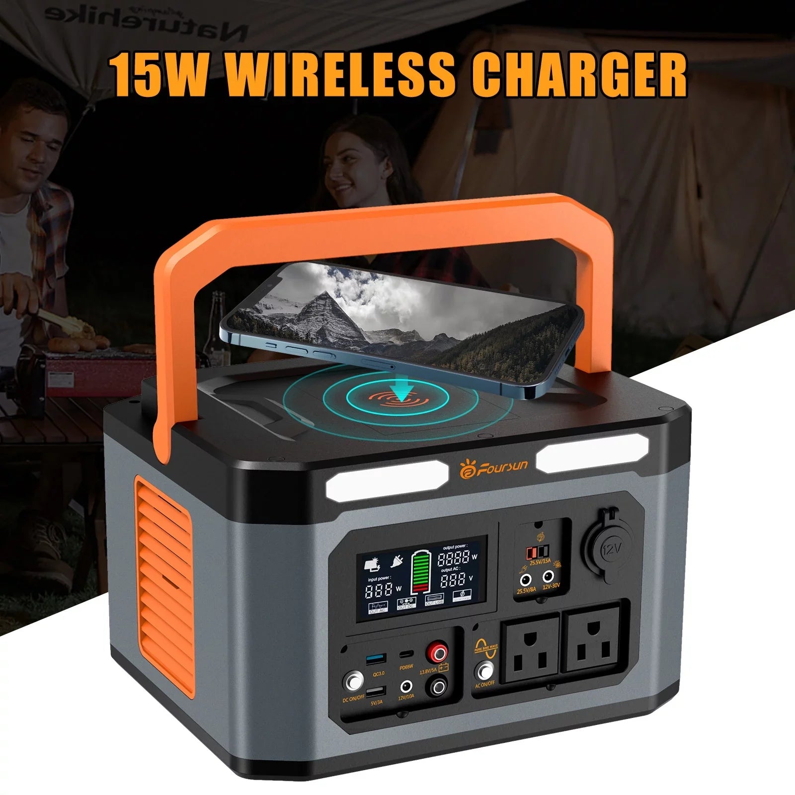 Foursun 1500W(3000W Peak) Portable  Station,1598.4Wh with 2 x 1500W AC Outlets ,Wireless charge,PD 65W,Solar Generator for Home Backup, Emergency, Camping