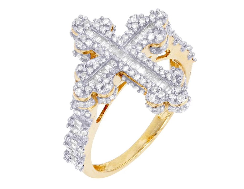 Baguette Cross  0.875 CT Diamond Ring 10K Yellow-White Gold