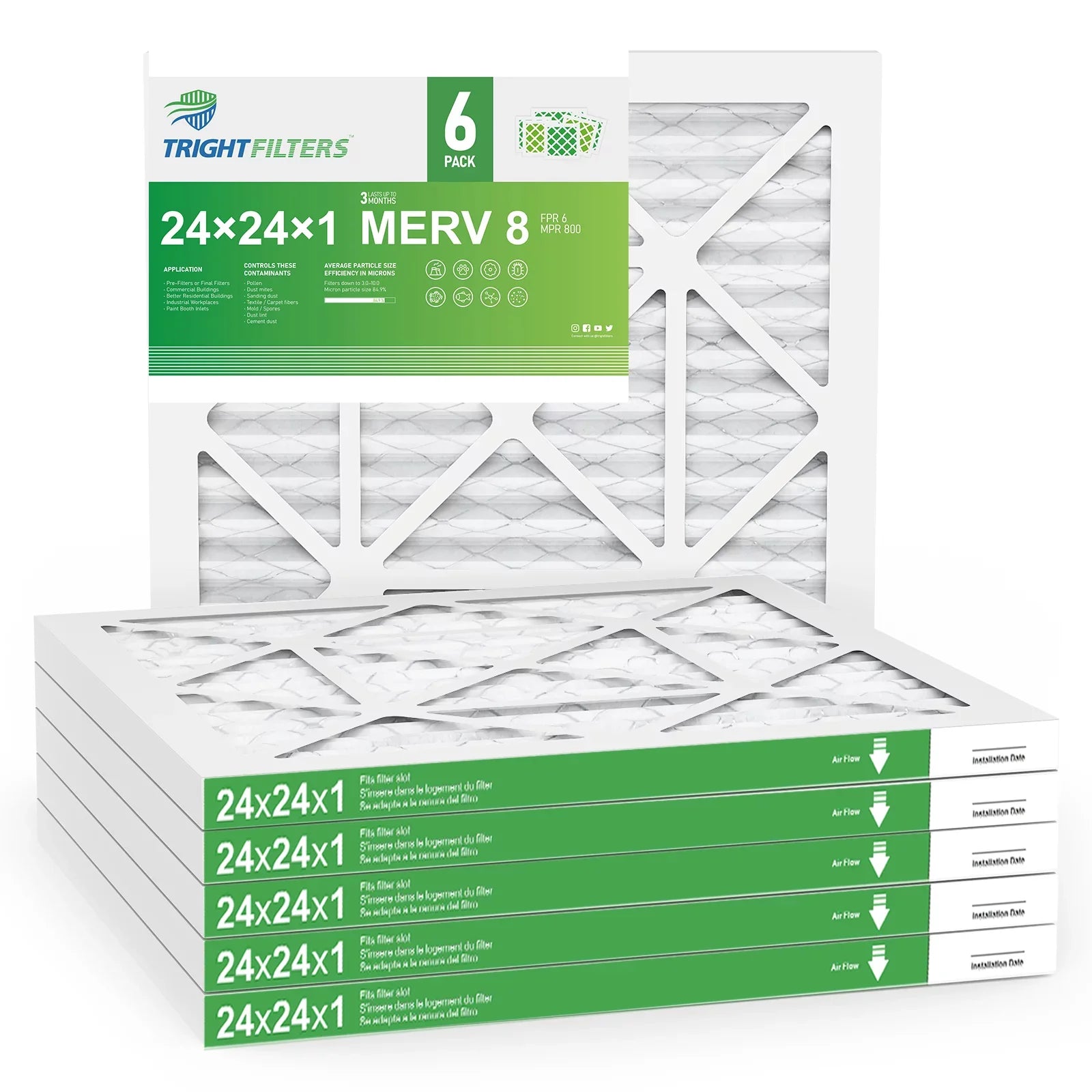 TRIGHTFILTERS 24x24x1 Air Filter MERV 8 Pleated HVAC AC Furnace Home Filters 6 Pack