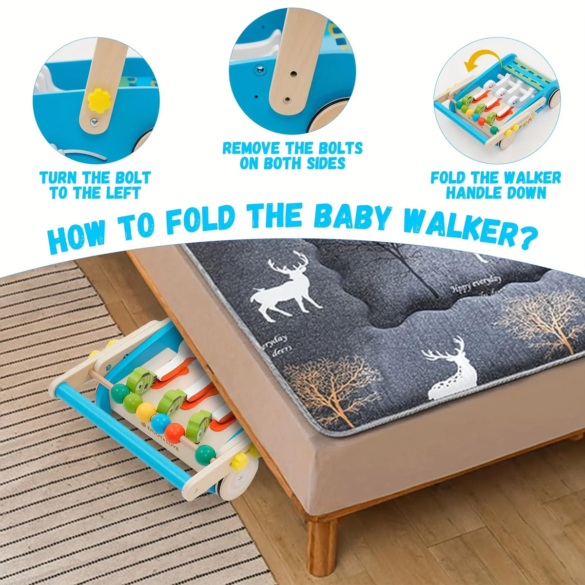 Baby Walker Wooden Foldable Sit-to-Stand Learning Baby Push Walker Kids Activity Center Toddler Push Along Trolley with Fishing Toy Gear for Boys Girls Infants