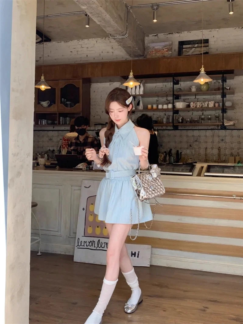Deeeefuu Pei Pei Han Man Oni Mint Mambo Neck Dress Women Tie Waisted Commuter Short Dresses Sleeveless Halter Dress [In Stock]] S