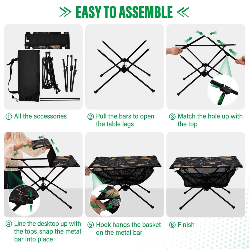 Flower on Black Camping Folding Table Portable Beach Table with Storage Bag Compact Picnic Table for Outdoor Travel Fishing BBQ