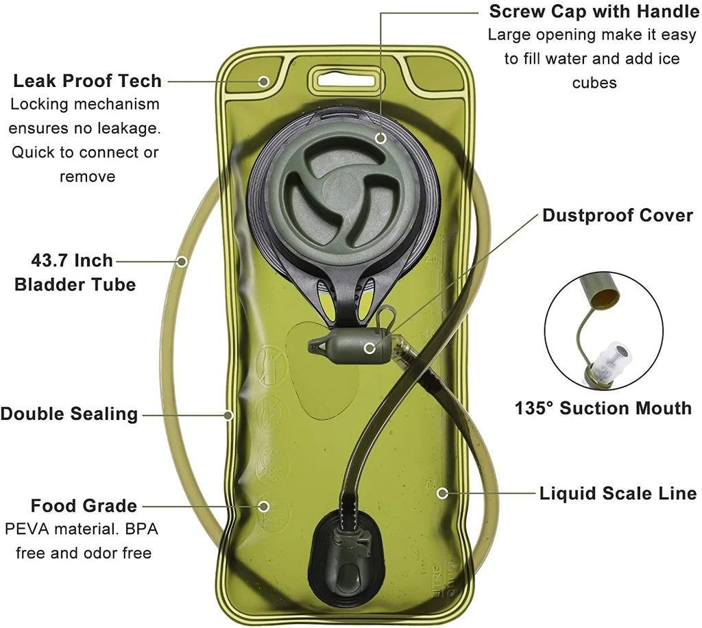 SKL Hydration Pack Tactical Water Backpack with 2L BPA Free Water Bladder, Military Water Bag Thermal Insulation, Adjustable Waist Pocket Daypack Fits Women Men for Running Hiking Cycling Biking