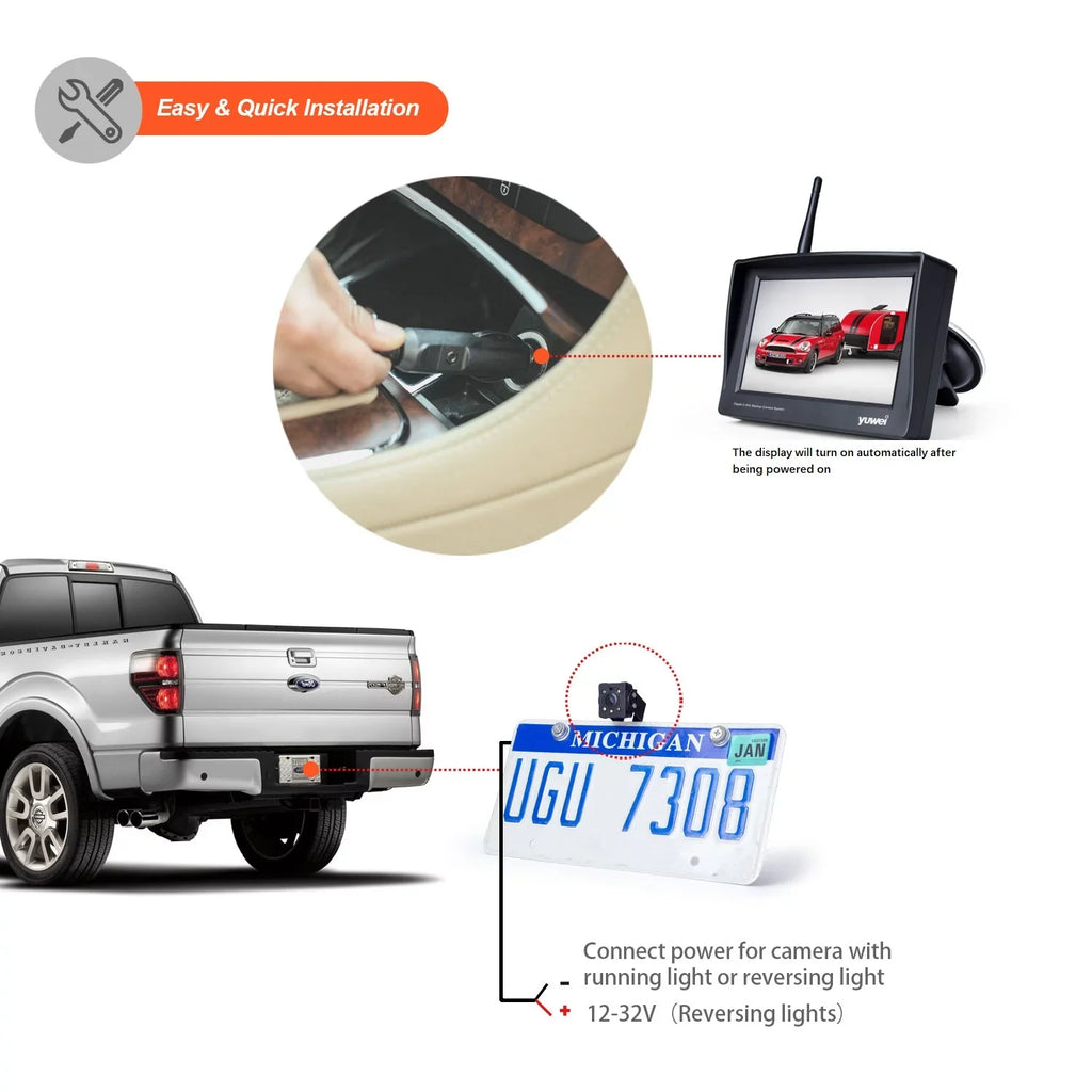 Yuwei YW95319 Wireless Universal Rear View Backup Camera System with 4.3 inch Monitor and Nightvision License Plate Camera