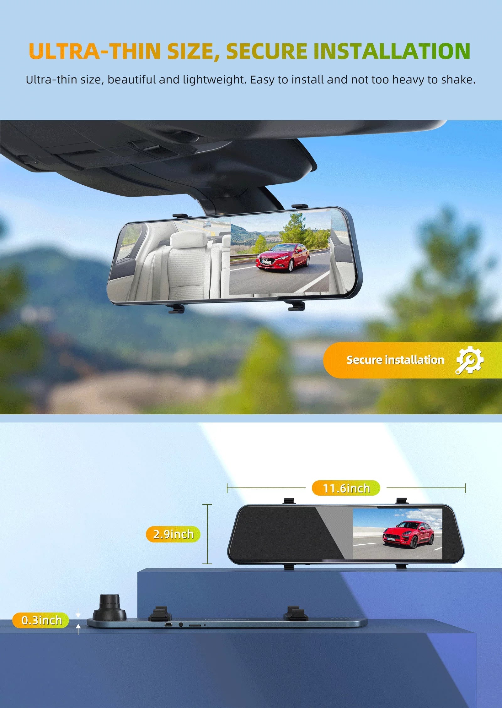 TOGUARD Backup Camera 5" Full HD 1080P Dash Cam Front and Rear Dual Lens with Waterproof Rear Camera