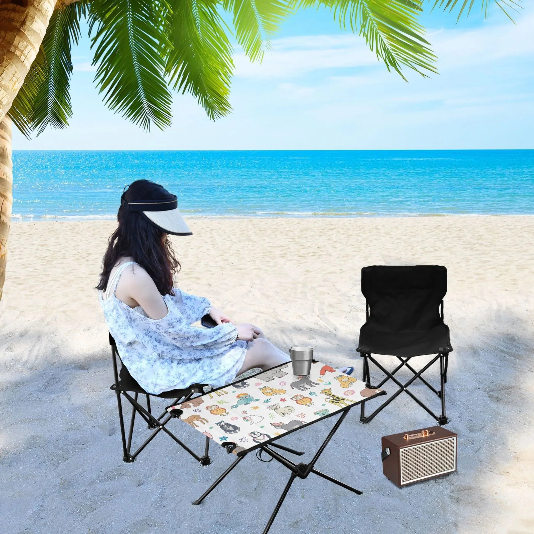 Cartoon Elephant Bear Giraffe Fox Camping Folding Table Portable Beach Table with Storage Bag Compact Picnic Table for Outdoor Travel Fishing BBQ