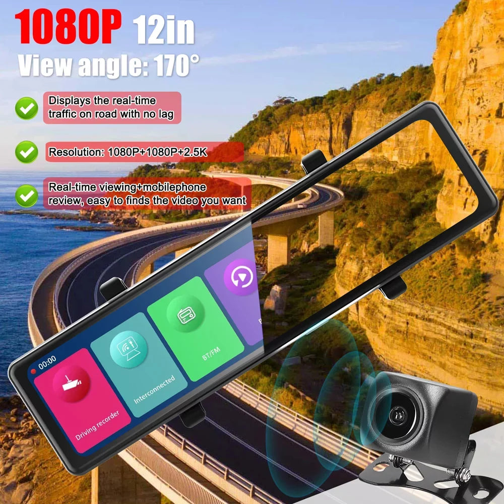 OWSOO 3 Cameras Dash Cam 12in 2.5K Clear Car Rearview Mirror Car Video Recording Touched Screen Car Recorder Carplay Auto Driving Recorder