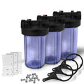 10" Transparent Big Blue Housing for Whole House Water Filtration System, 1 Brass Port & Mounting Hardware (3 pack)