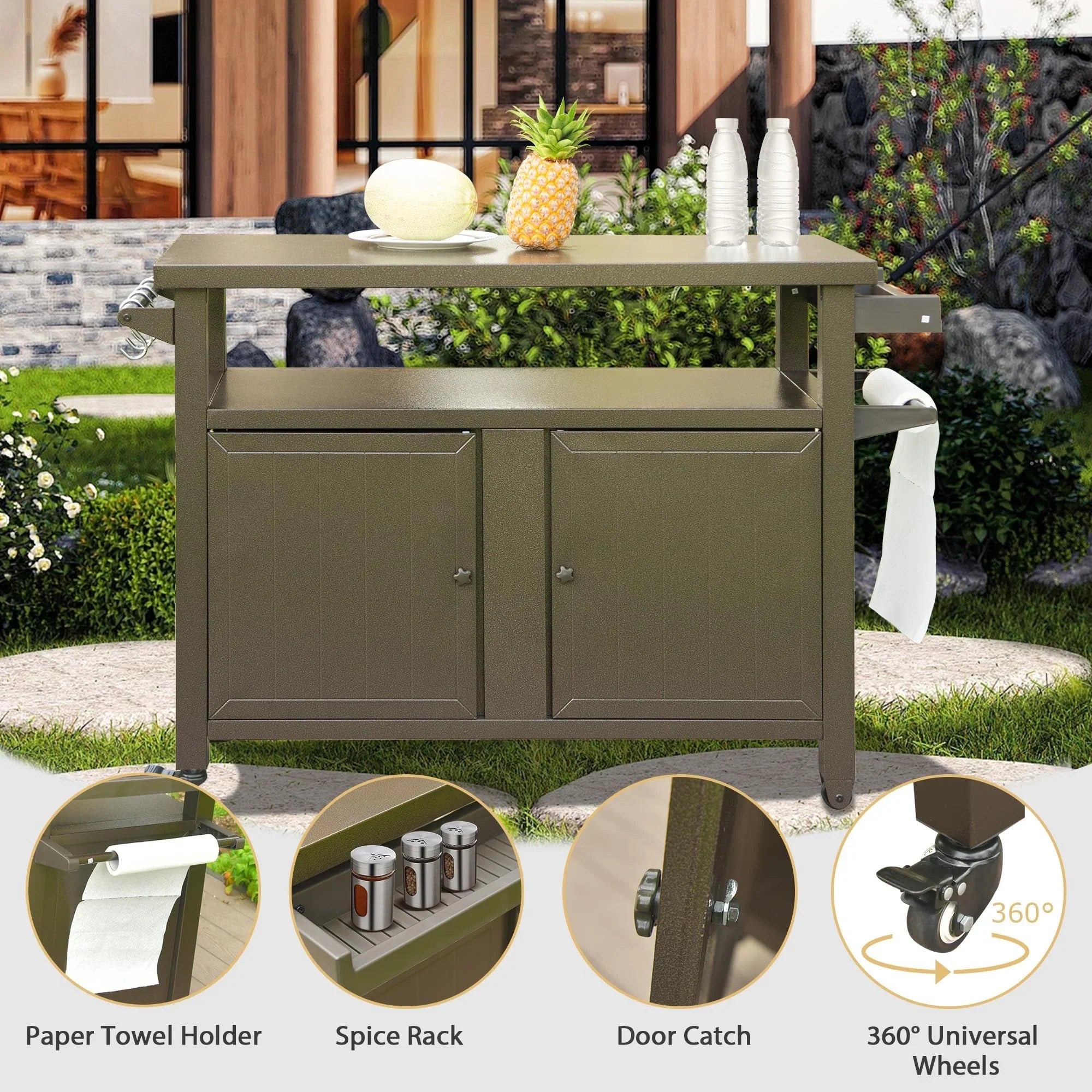 Homiyad Grill Carts Outdoor Storage Cabinet with Wheels, Metal Outdoor Grill Table Kitchen Dining Table Cooking Prep BBQ Table for Patio, Kitchen Island, Home Party, Bar (Brown)
