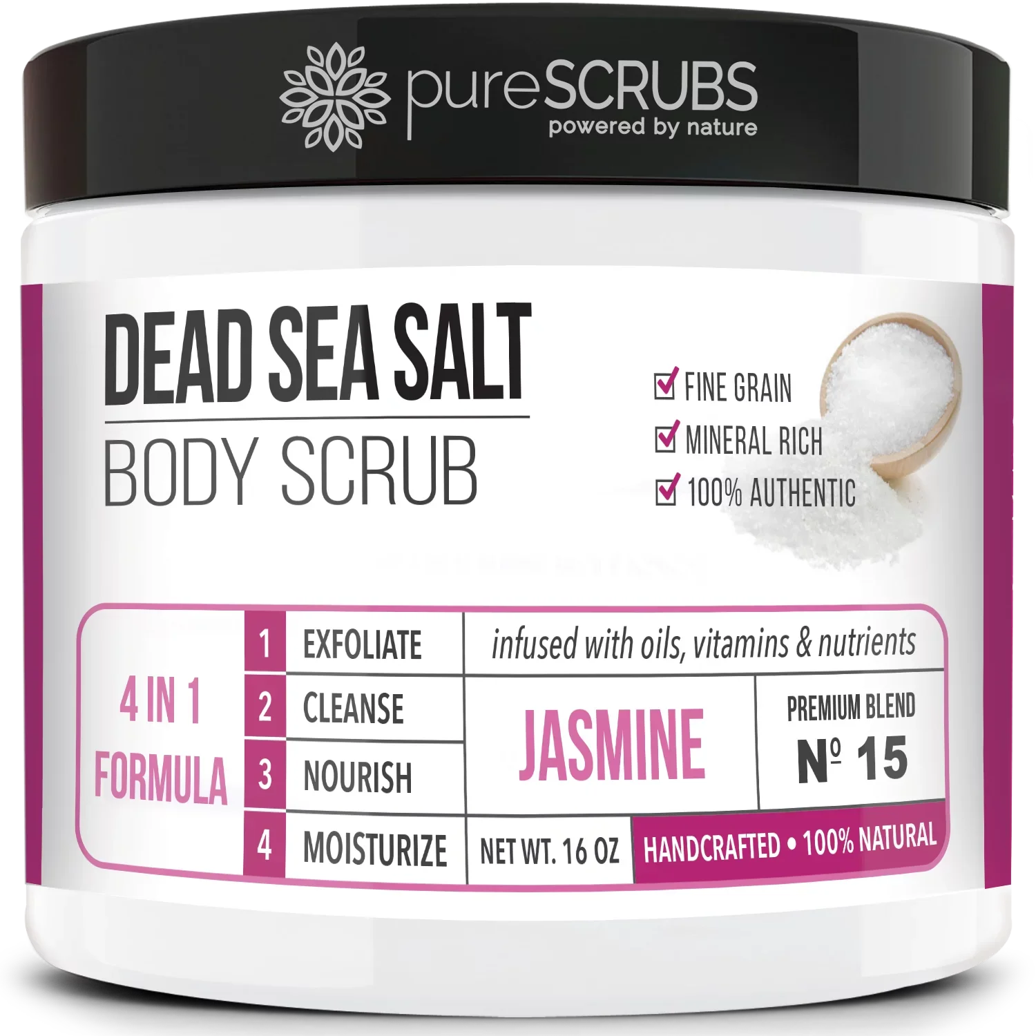 pureSCRUBS Premium Organic Body Scrub Set - Large 16oz JASMINE BODY SCRUB - Pure Dead Sea Salt Infused With Organic Essential Oils & Nutrients + FREE Wooden Spoon, Loofah & Mini Exfoliating Bar Soap