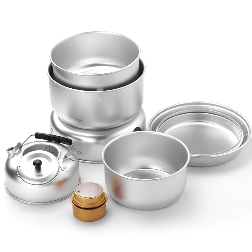Htovila Camping Stove Kit, 10pcs Camping Pot Pan Stove Set for Cooking Backpacking, Portable Kitchenware for  Adventures
