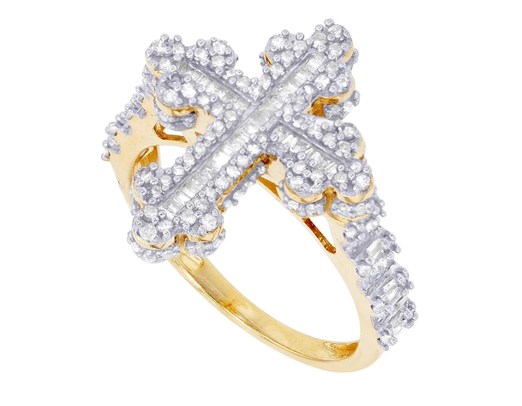 Baguette Cross  0.875 CT Diamond Ring 10K Yellow-White Gold