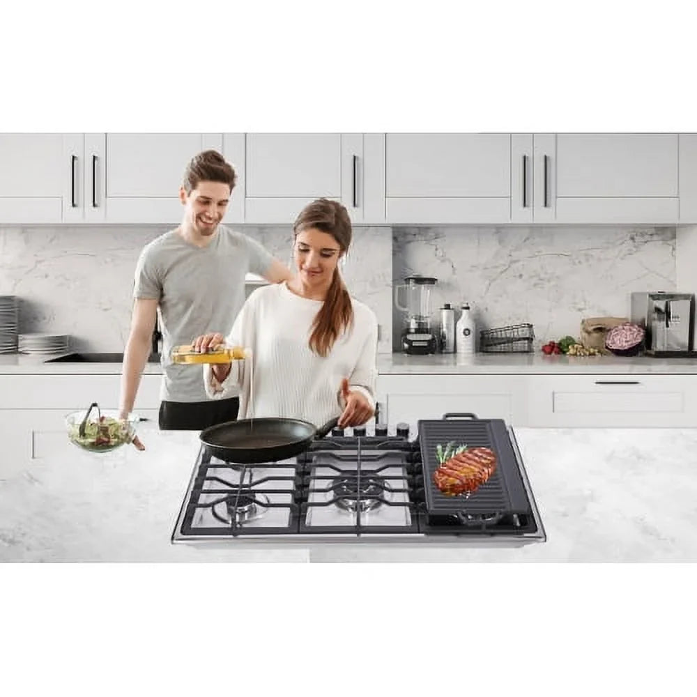 Hothit 34 Inch Gas Cooktop with Griddle, 5 Burner Gas Stove top, Cook top stove gas with Cast Iron Griddle, Natural Gas/Propane Gas Convertible,Stainless Steel
