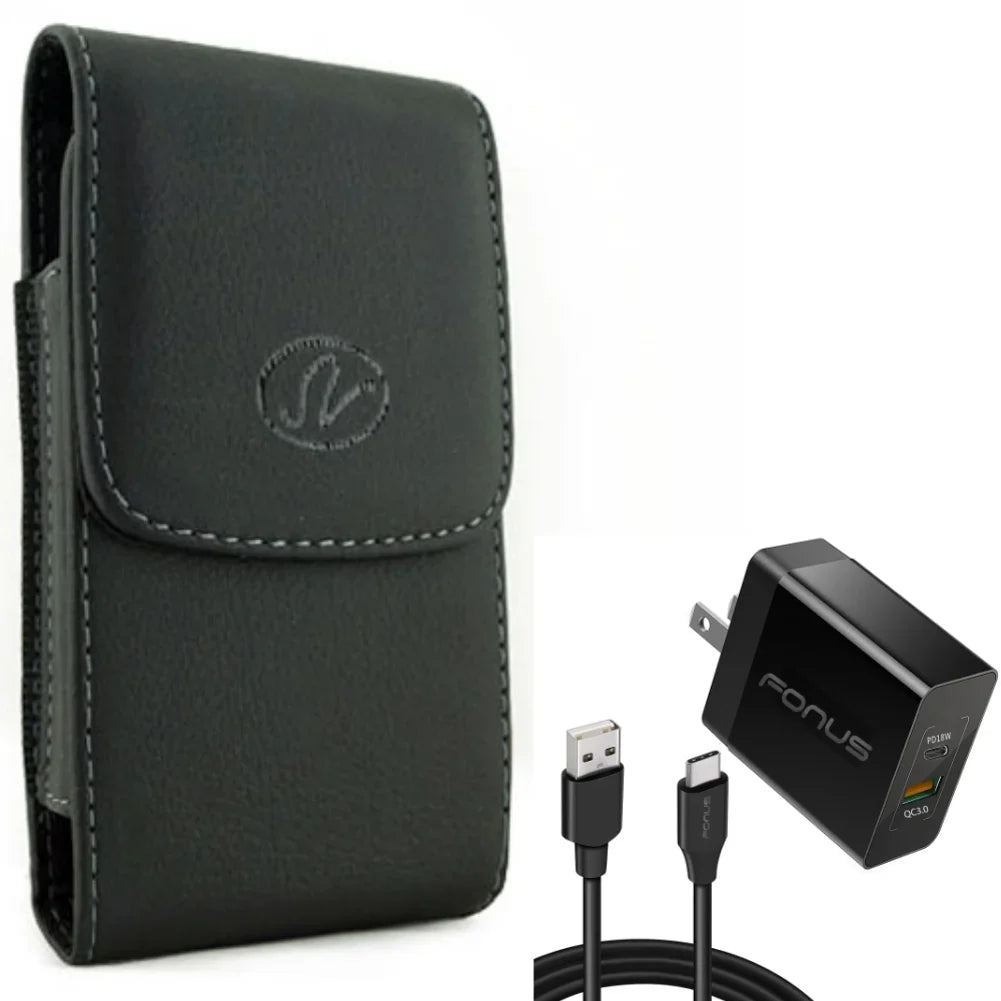 Holster Leather Case Belt Clip w 6ft Long Cable Fast Type-C 36W PD Home Charger for Samsung Galaxy XCover Pro S9 Plus S8 Plus S22 Plus FieldPro active S21 FE 5G A53 5G A52 5G A51 5G A50 A33 5G