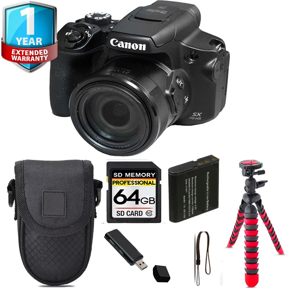 Canon PowerShot SX70 HS Digital Camera + Tripod + 1 Yr Warranty - 64GB Kit