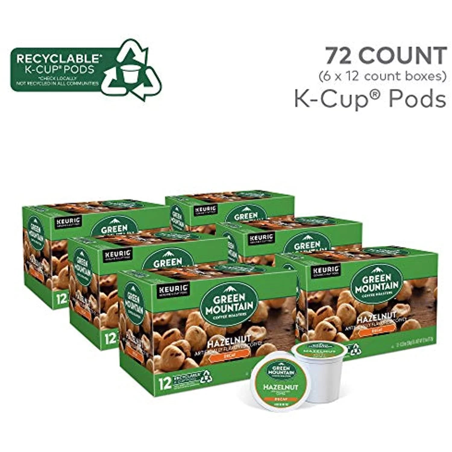 Green Mountain Coffee Roasters Hazelnut, Single Serve Coffee K-Cup Pod, Decaf, 12 Count (Pack Of 6) (Packaging May Vary), 72 Count