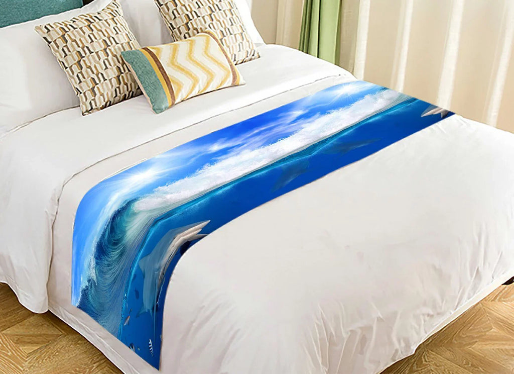 GCKG Great Ocean Wave Bed Runner, Shark Underwater World Bed Runners Scarves Bed Decoration 20x95 inch