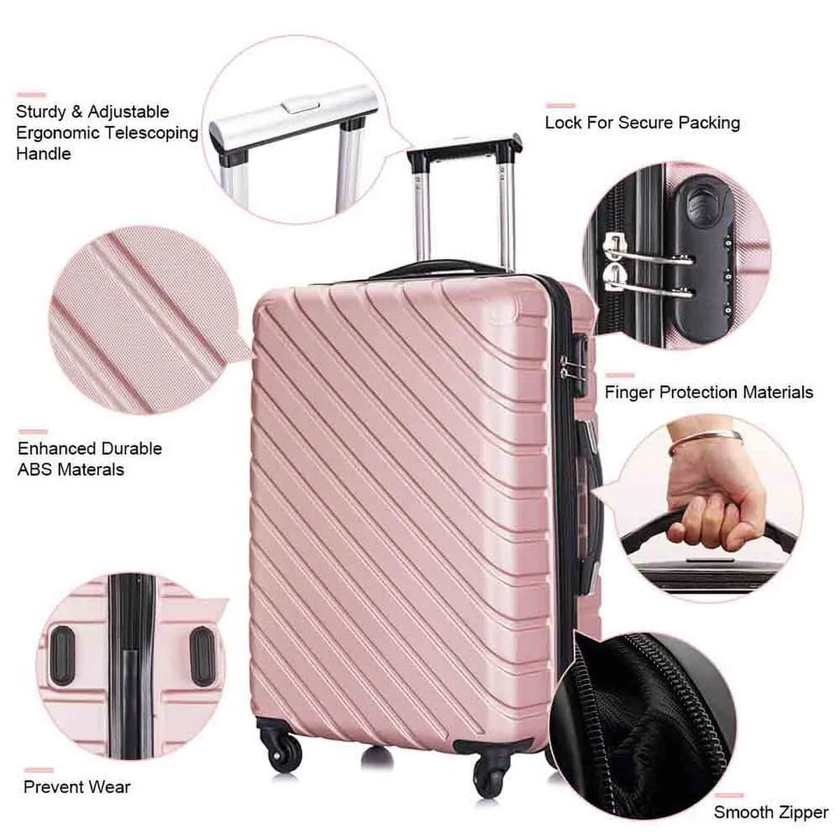4 Piece Hardshell Luggage Sets,Travel Suitcase,Carry On Luggage with Spinner Wheels Free Cover&Hanger Inside rose gold