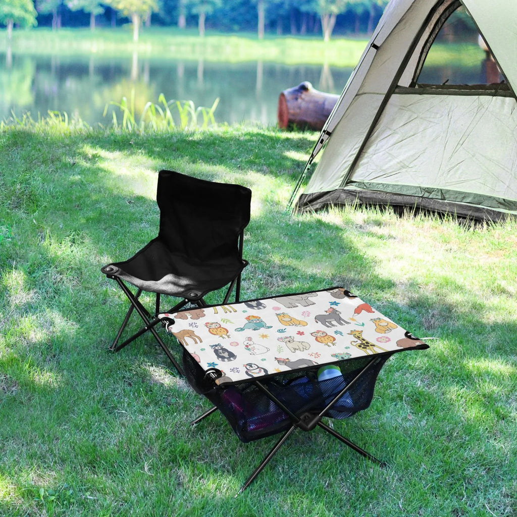 Cartoon Elephant Bear Giraffe Fox Camping Folding Table Portable Beach Table with Storage Bag Compact Picnic Table for Outdoor Travel Fishing BBQ