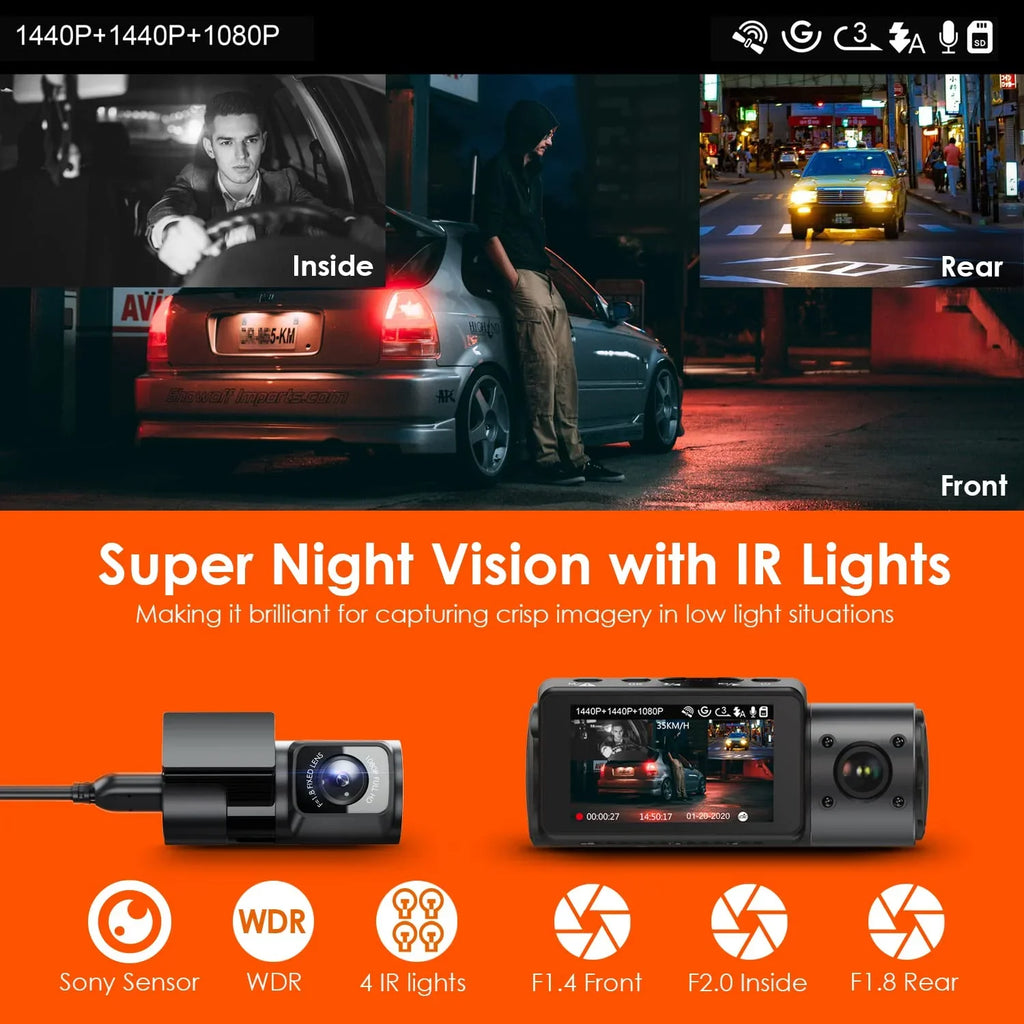 Vantrue N4 3 Channel 4K Dash Cam, 4K+1080P Front and Rear, 1440P+1440P Front and Inside, 1440P+1440P+1080P Three Way Triple Car Camera, IR Night Vision, 24 Hours Parking Mode, Support 512GB Max