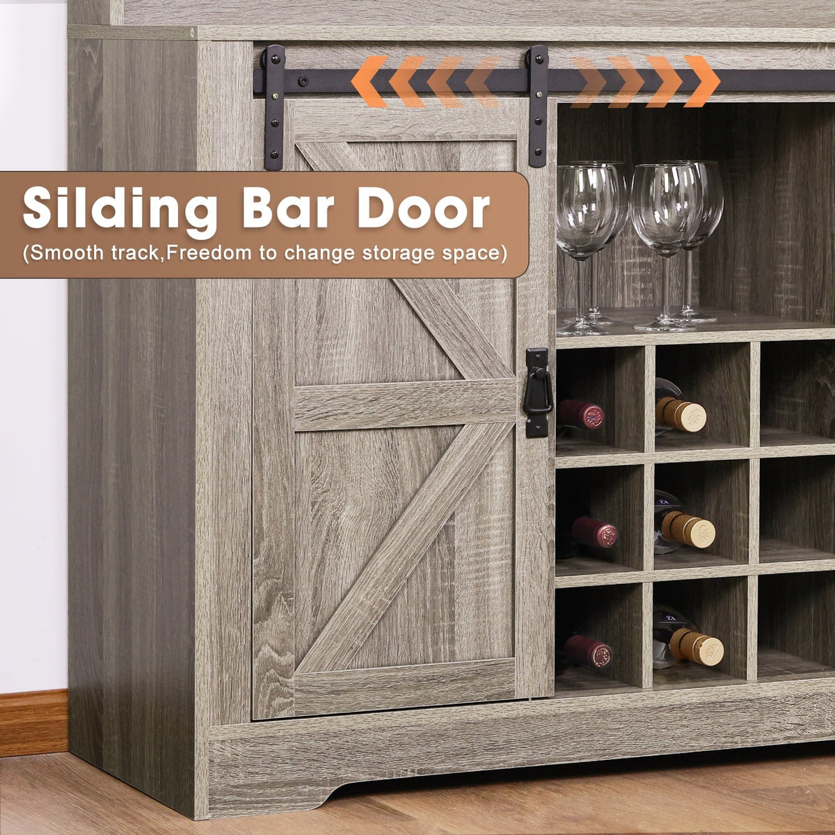 Urban Deco Coffee Bar Cabinet with Rack and Storage,Liquor Bar Buffet Sideboard with 6 Hooks for Kitchen Dining Room(Gray)