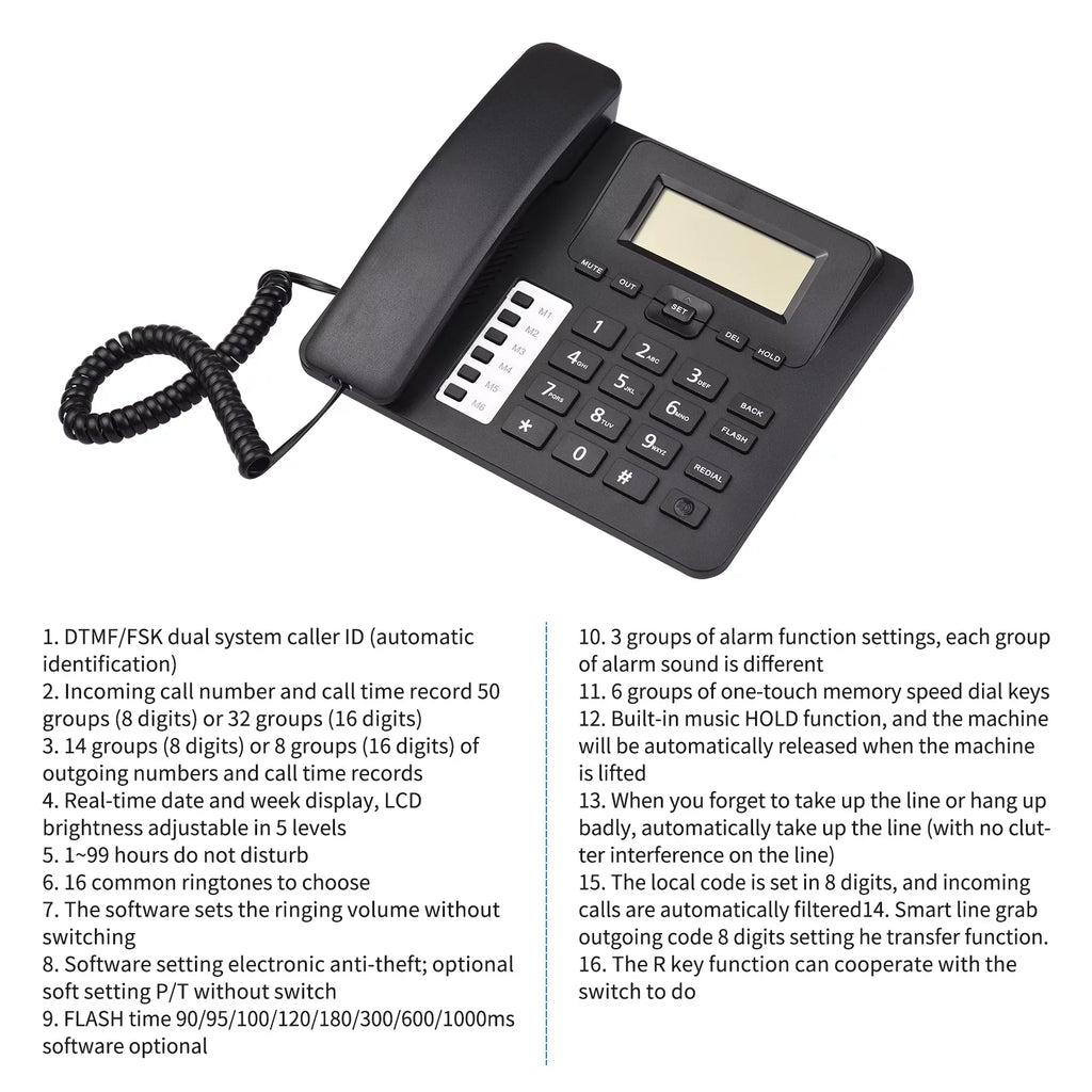 Meterk Black Corded Phone Desk Landline Phone Telephone DTMF/FSK Dual System Support Hands-Free/Redial/Flash/Speed Dial/Ring Control Built-in IC Chip Sound Real-time Date for Elderly Seniors Home
