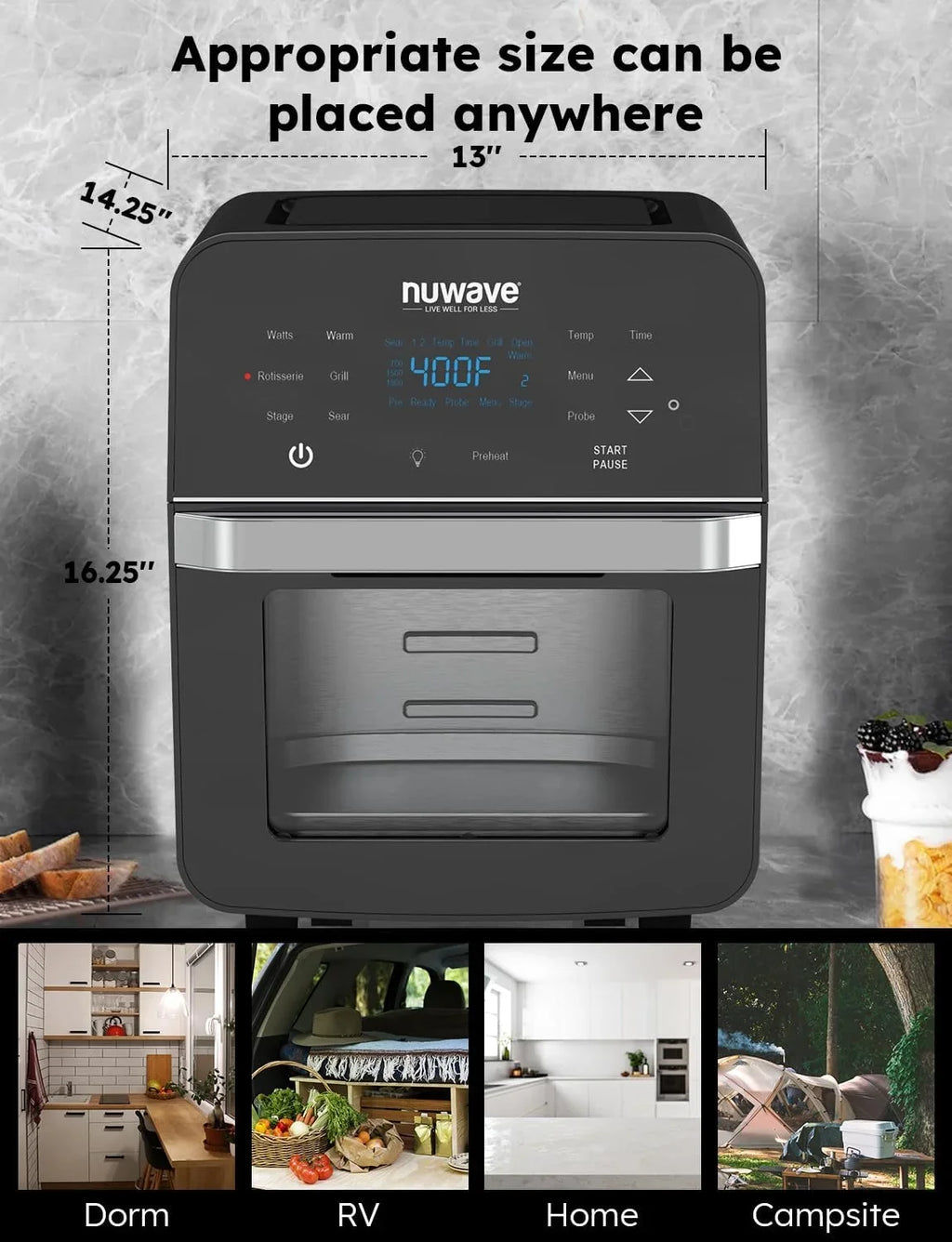 HOZO Brio Air Fryer Oven, 15.5Qt X-Large Family Size, SS Rotisserie Basket &-Skewer Kit, Powerful 1800W, 50F-425F Temp Controls, Integrated Smart Thermometer