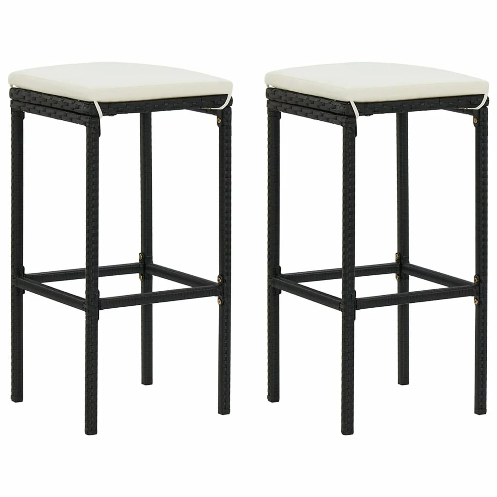 Dcenta 3 Piece Garden Bar Set Table with Storage Shelf and 2 Cushioned Stool Chairs  Dining Set Black Poly Rattan for Bistro, Pub, Backyard, Terrace, Patio