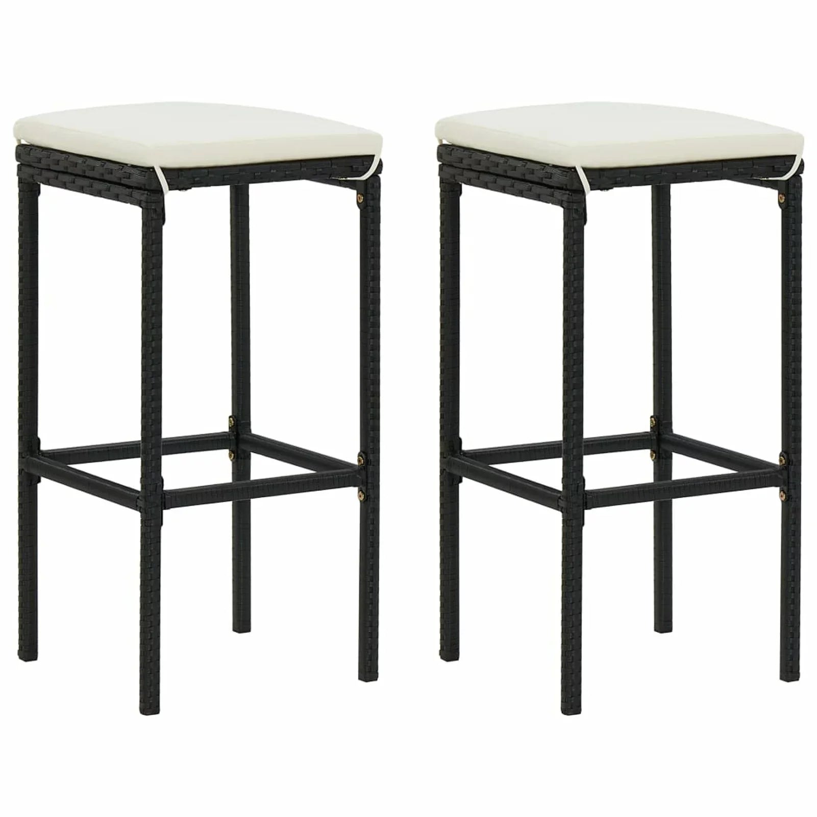 Dcenta 3 Piece Garden Bar Set Table with Storage Shelf and 2 Cushioned Stool Chairs  Dining Set Black Poly Rattan for Bistro, Pub, Backyard, Terrace, Patio