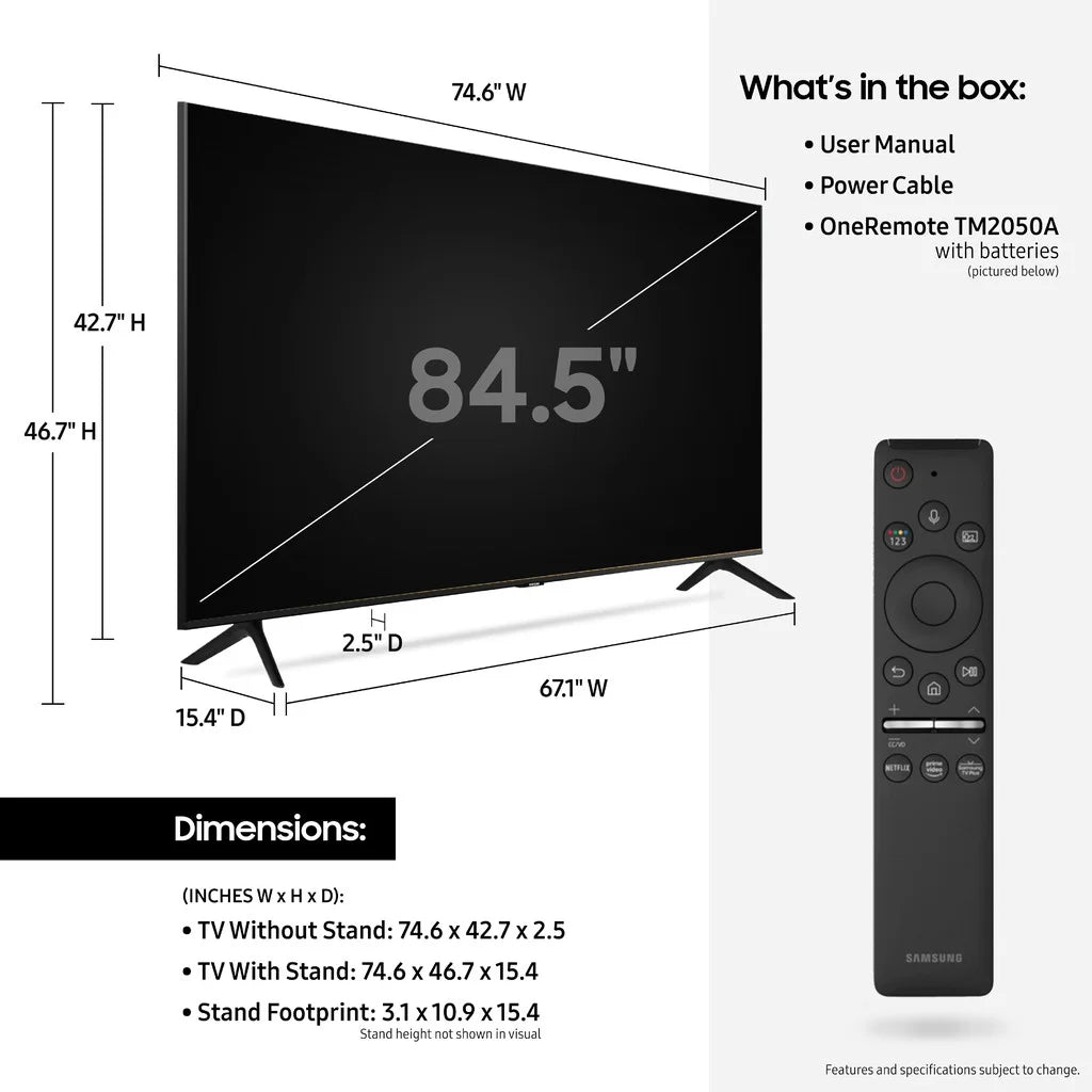 SAMSUNG 85" Class 4K Crystal UHD (2160P) LED Smart TV with HDR UN85TU8000 2020
