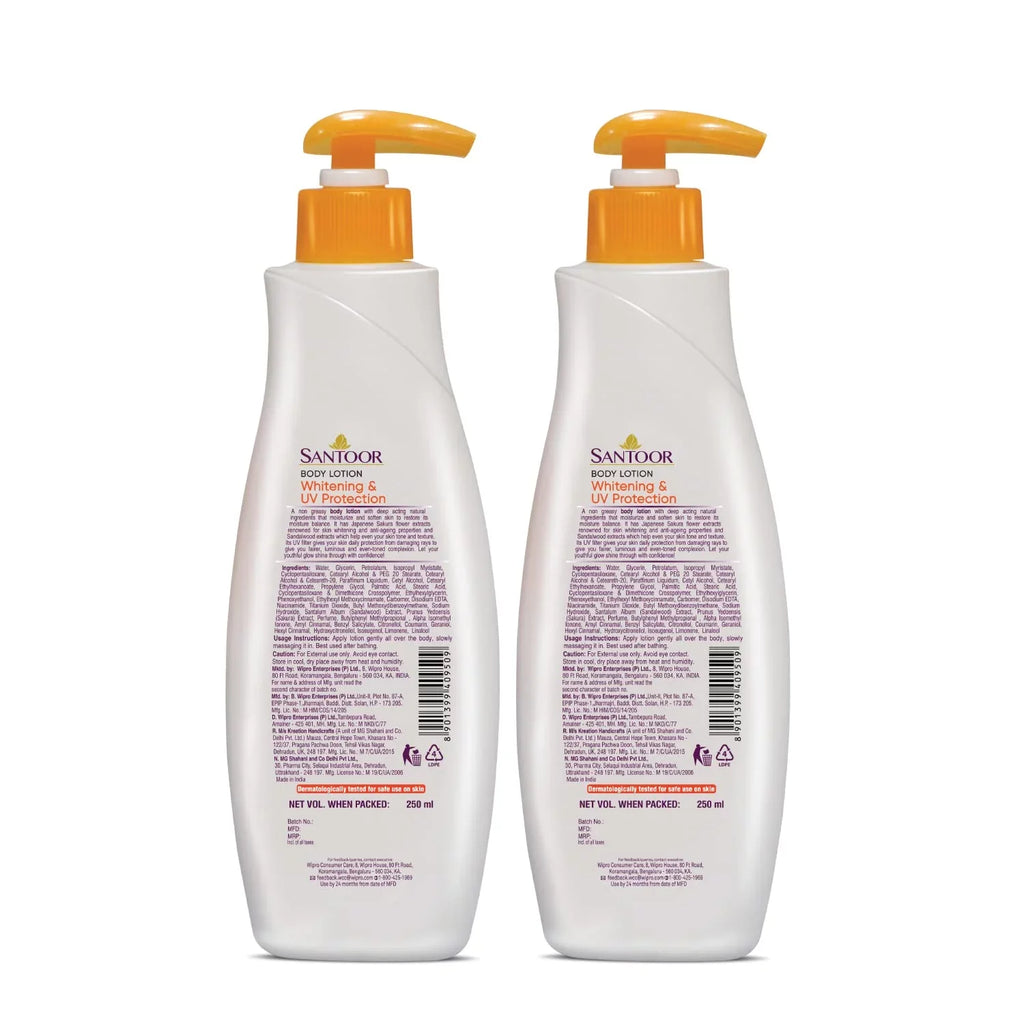 Santoor Perfumed Body Lotion for Whitening & UV Protection with Sandalwood & Sakura Extracts, 250ml (Pack of 2)