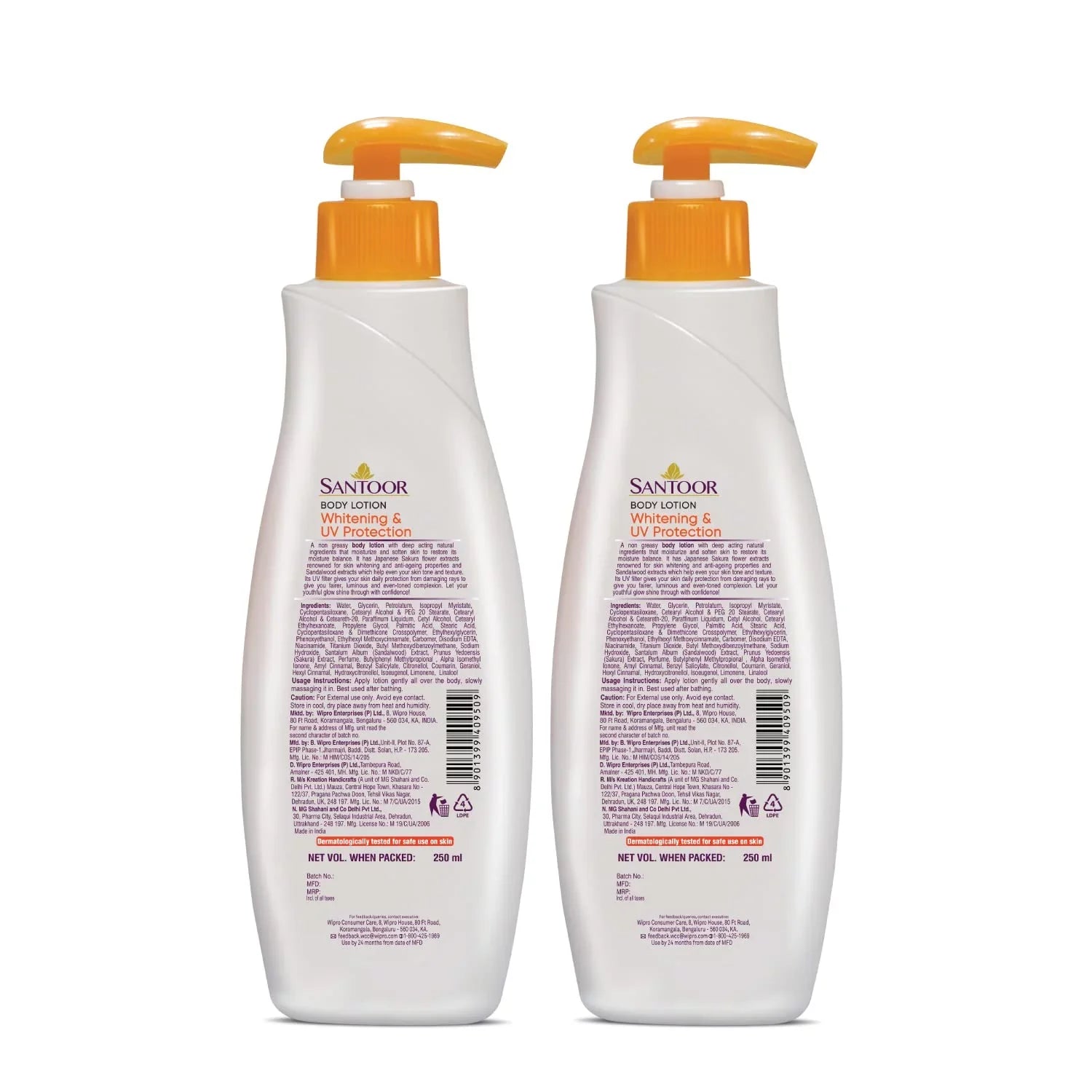 Santoor Perfumed Body Lotion for Whitening & UV Protection with Sandalwood & Sakura Extracts, 250ml (Pack of 2)